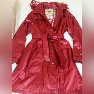 Burberry Red Gloss Trench Coat with Belt and Hood